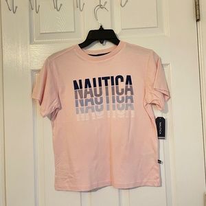 NWT NAUTICA  Pink Crew Neck Blue Logo Graphics Top size 10